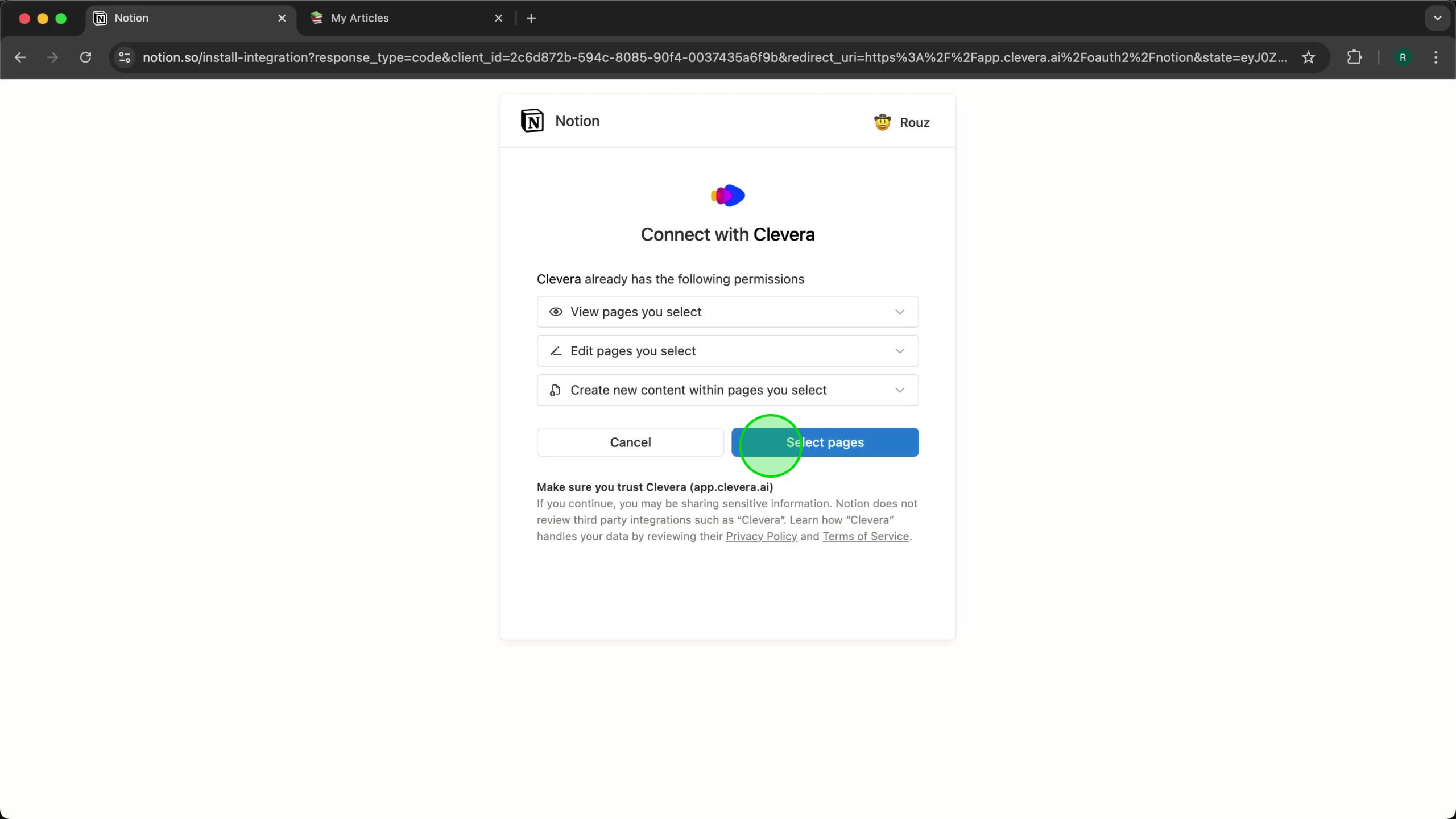 Notion authorization page with Select pages button highlighted